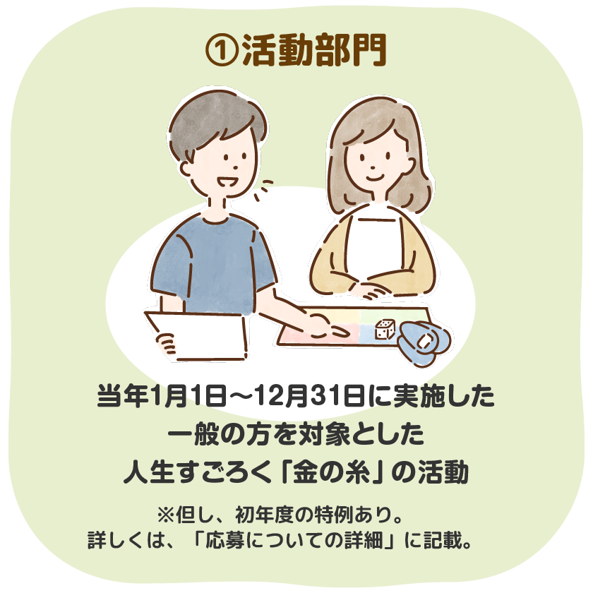 ①活動部門 当年1月1日～12月31日に実施した一般の方を対象とした人生すごろく「金の糸」の活動 ※但し、初年度の特例あり。詳しくは、「応募についての詳細」に記載。