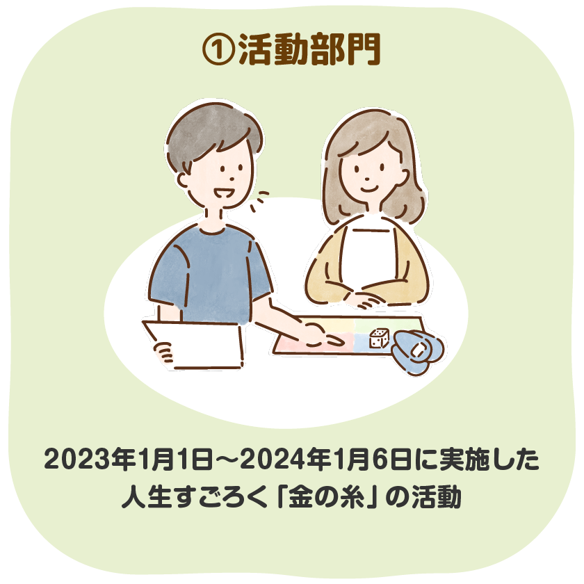 ①活動部門 当年1月1日～12月31日に実施した一般の方を対象とした人生すごろく「金の糸」の活動 ※但し、特例あり。詳しくは、「応募についての詳細」に記載。